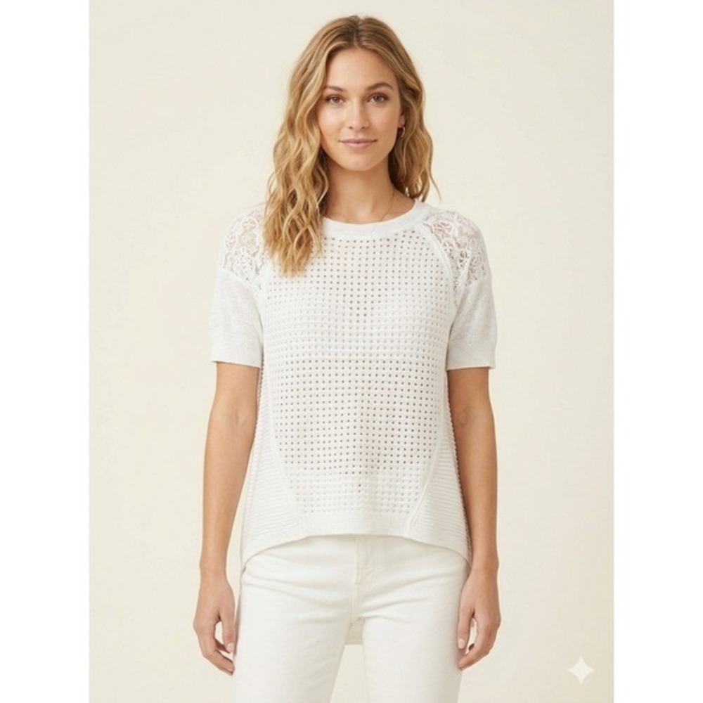 Rebecca Taylor Knit Top Womens XS White Pointelle Lace Shoulder 315866Y565